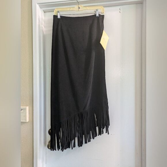 NWT 3 Skirts Denim & Co Black Asymmetrical Fringe Hem Skirts Women's Size M - Picture 1 of 12